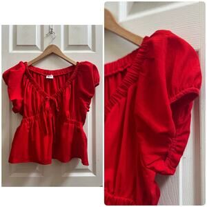 Sienna Sky Red Coquette Boho Chic Deep V Neck Tie Detail Puff Sleeves Large